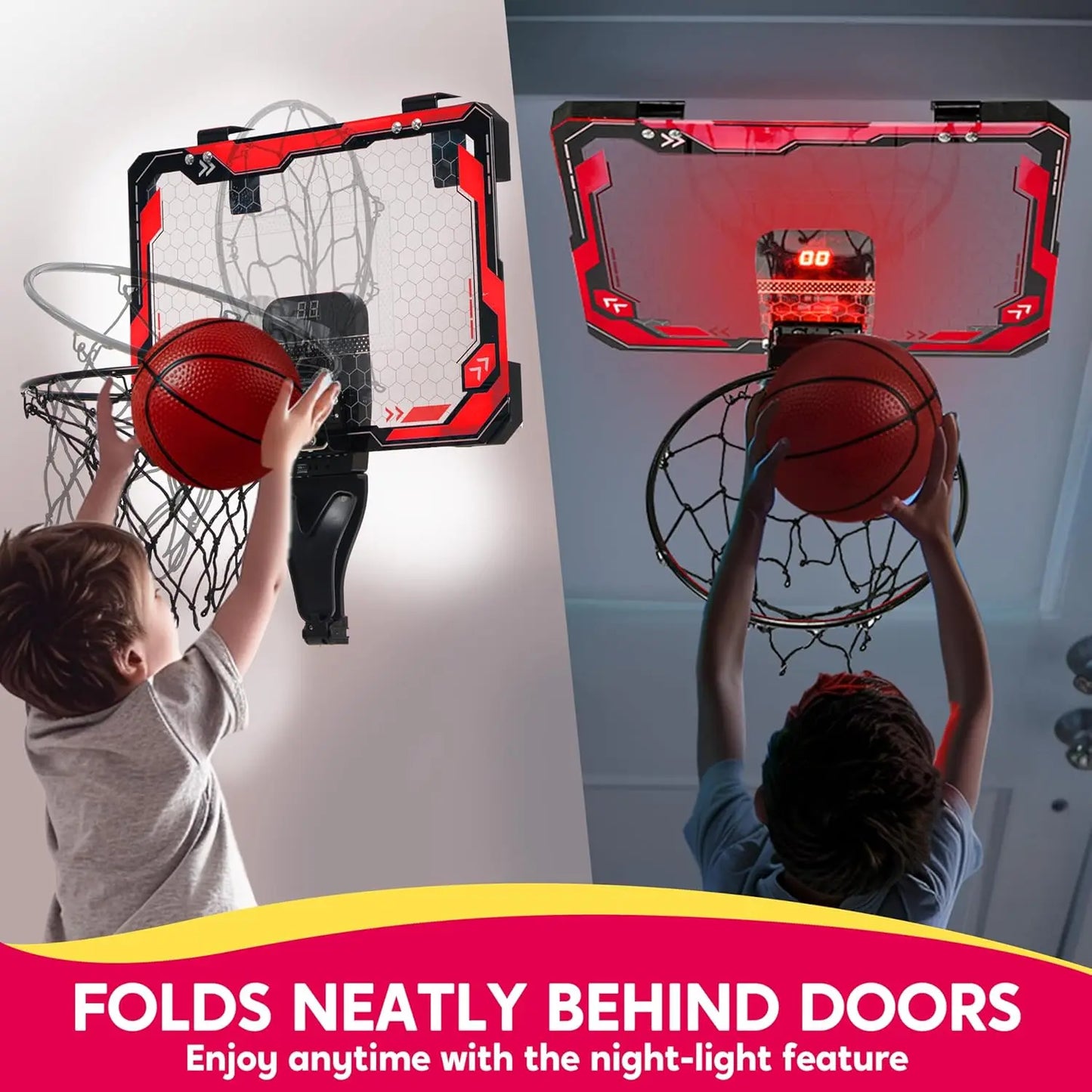 Joyfy Indoor Basketball Hoop Light Up Over The Door With Scoreboard And 4 Balls