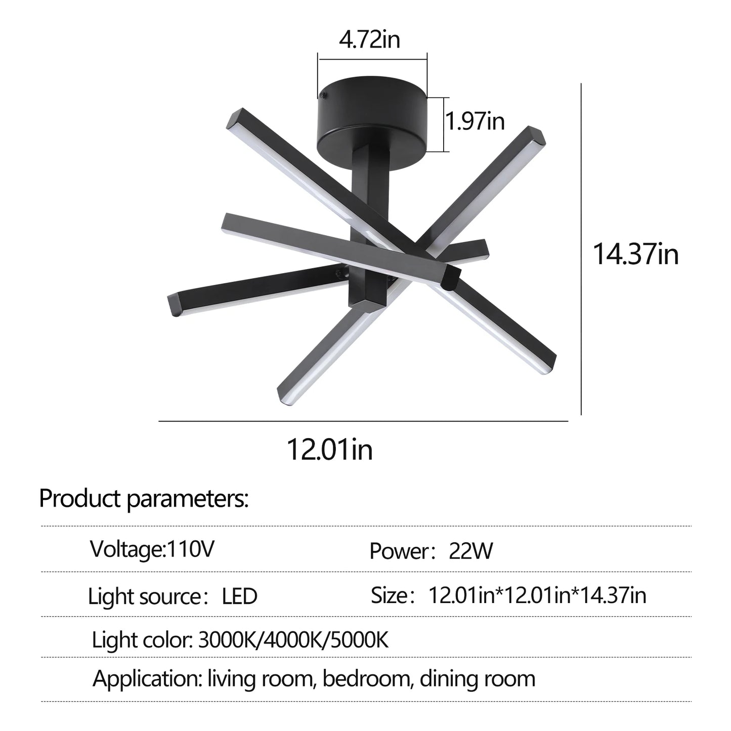 Modern Black LED Semi Flush Mount Ceiling Light For Hallway Staircase Attic