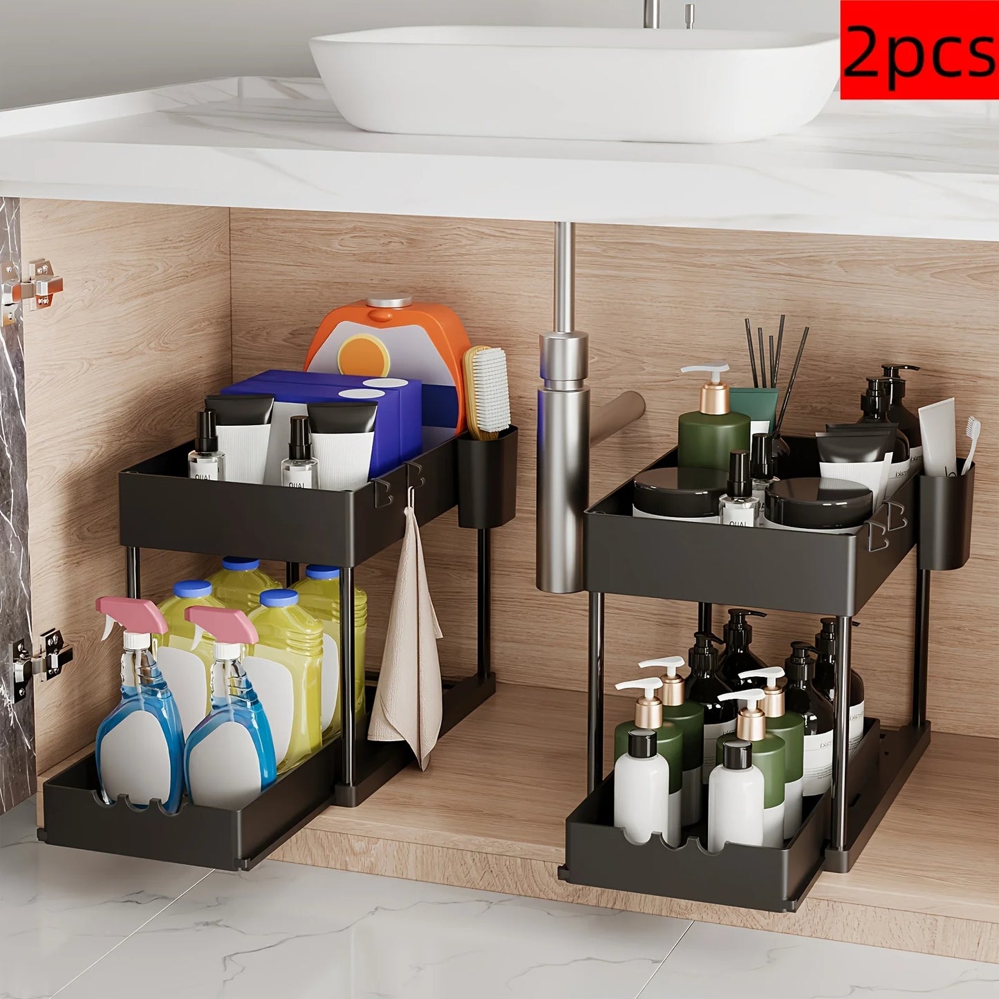 Two Pieces Two Tier Sliding Cabinet Organizer Pull Out Under Sink Rack Storage