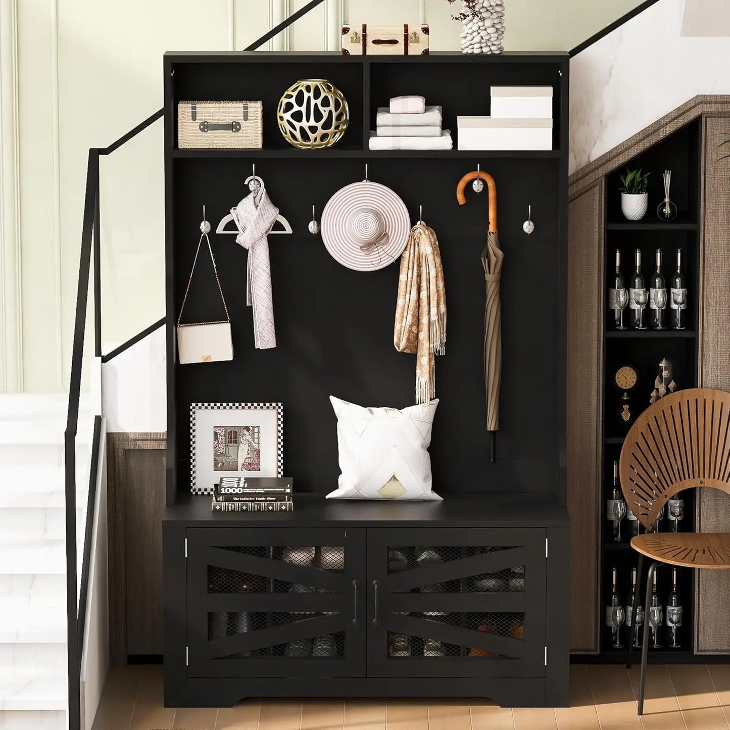 3 In 1 Hall Tree With 6 Hooks Hinged Lid Entryway Bench Storage Drawers