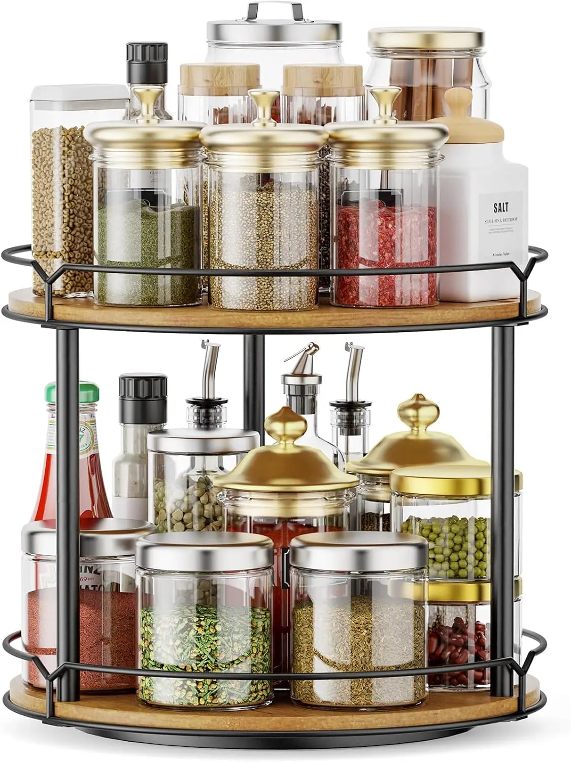 Triple Tier Wooden Rotating Spice Rack Organizer for Kitchen Pantry and Bathroom