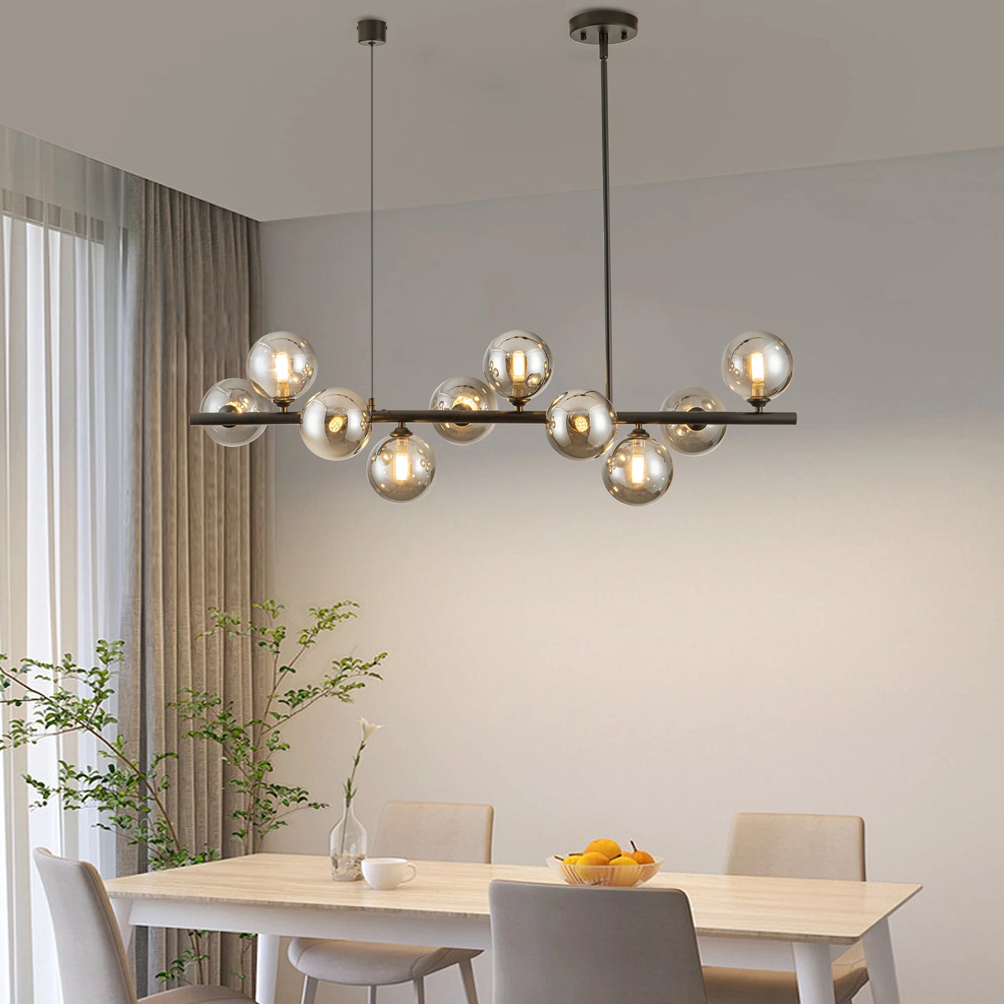 10 Light Matte Black Adjustable Chandelier Mid Century Smoked Globe Shades