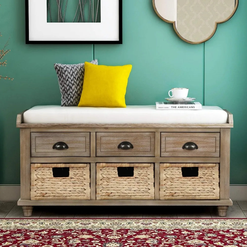 DAFIFY White Washed Wood Storage Bench With 3 Drawers And 3 Rattan Baskets