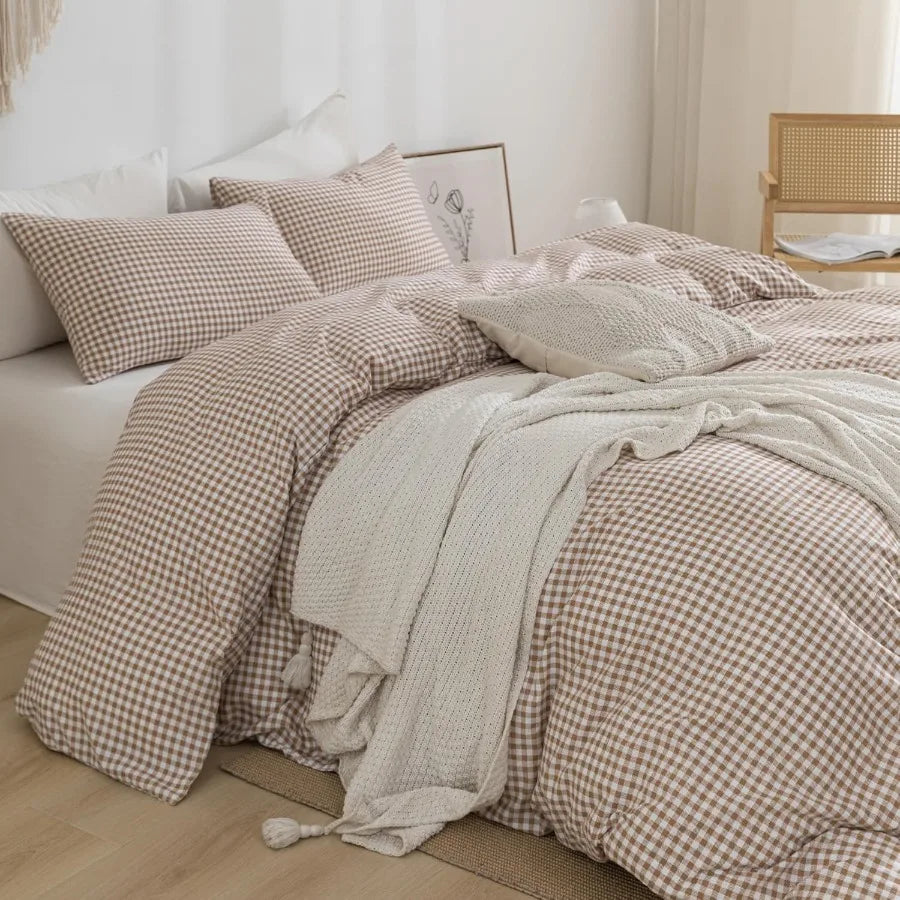 Tan Gingham Duvet Cover Bedding Set 3 Piece Extra Soft Breathable Brown Plaid