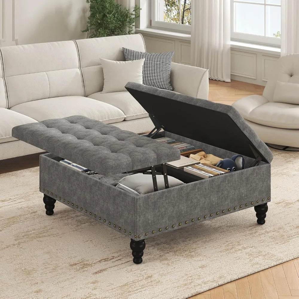 Chenille Ottoman Coffee Table With Large Storage Dark Grey Easy Assembly