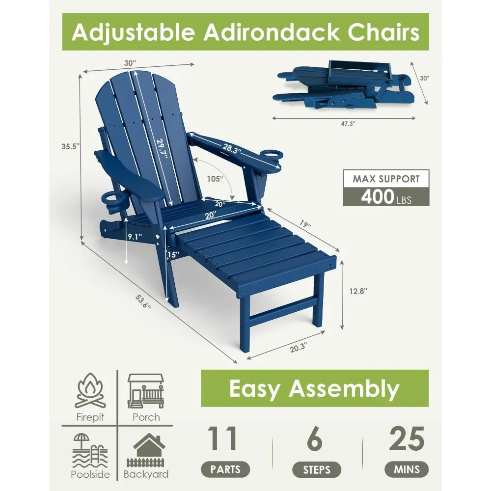 Set of 2 Adjustable Adirondack Chairs with Ottomans HDPE Plastic Folding