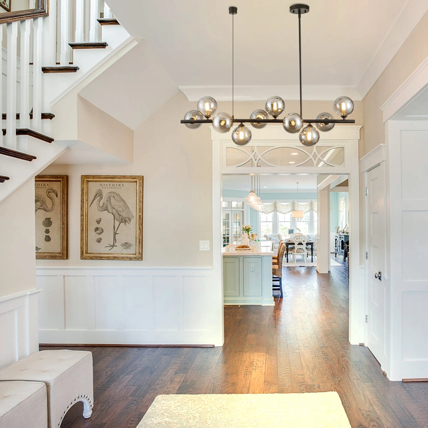 10 Light Matte Black Adjustable Chandelier Mid Century Smoked Globe Shades