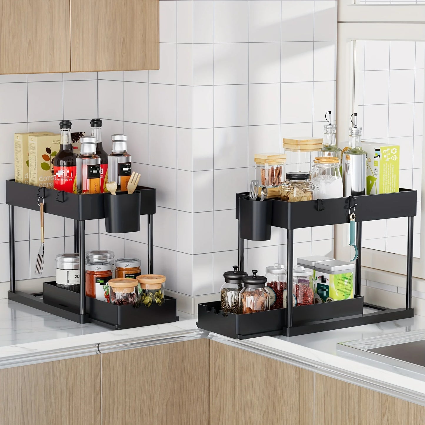 Two Pieces Two Tier Sliding Cabinet Organizer Pull Out Under Sink Rack Storage