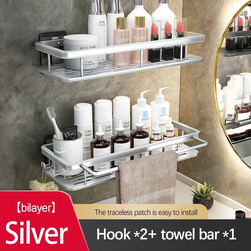 Double Tier Stainless Steel Anti-Rust Bathroom Shower Storage Rack with Suction Cups
