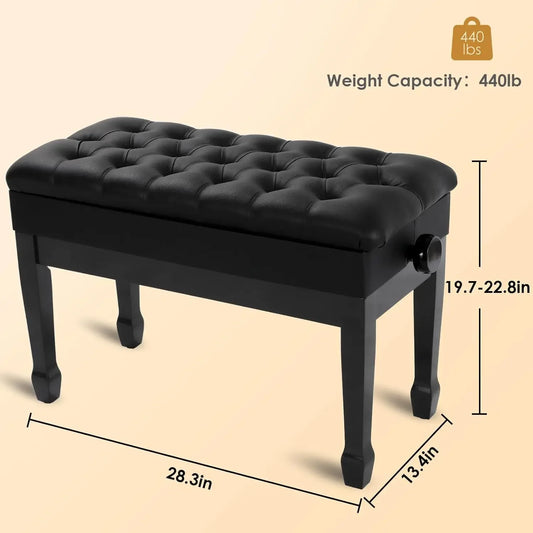 Double Piano Bench Leather With Storage Adjustable Cushion Black