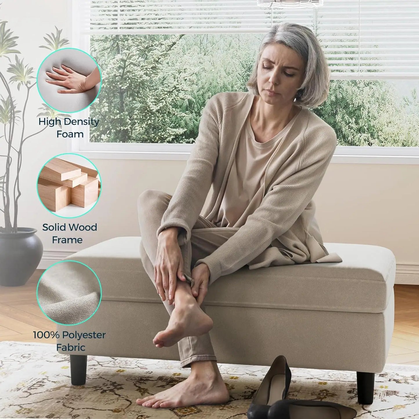 46 Inch Wide Storage Ottoman Bench Coffee Table Linen Beige Footstool Chest