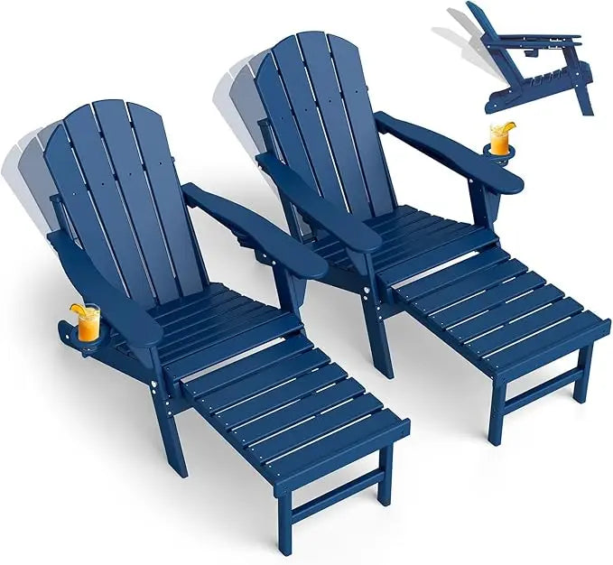 Set of 2 Adjustable Adirondack Chairs with Ottomans HDPE Plastic Folding