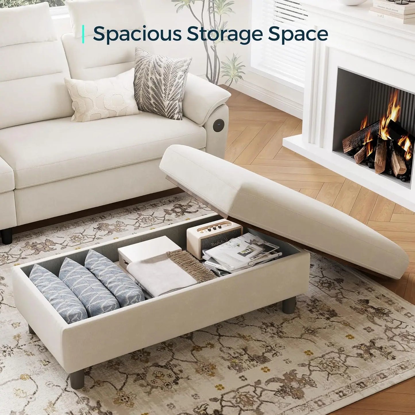 46 Inch Wide Storage Ottoman Bench Coffee Table Linen Beige Footstool Chest