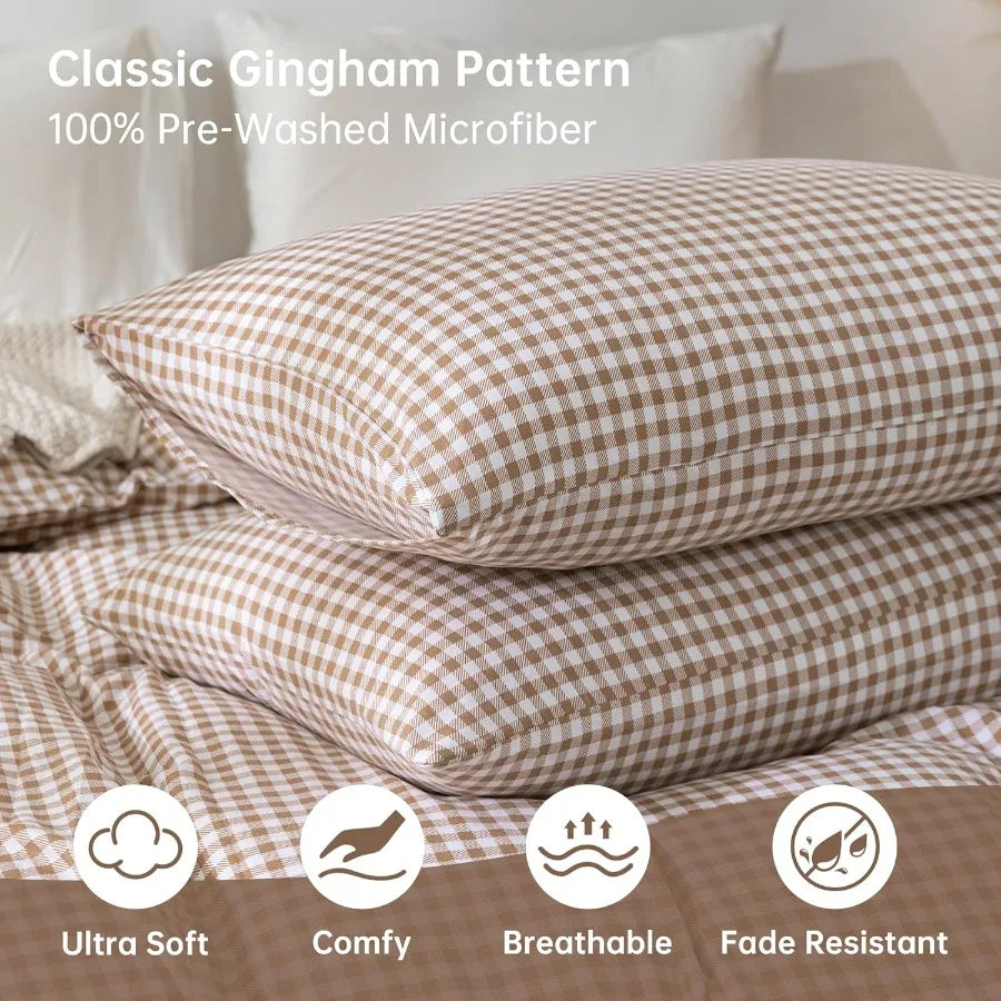 Tan Gingham Duvet Cover Bedding Set 3 Piece Extra Soft Breathable Brown Plaid