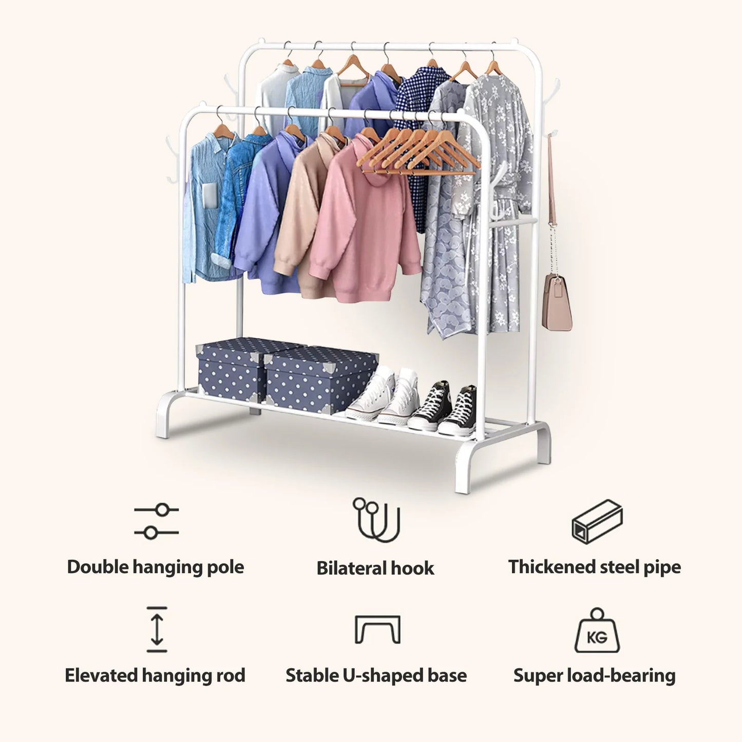 Double Rod Clothing Rack With Shelves On Wheels Metal Garment Organizer