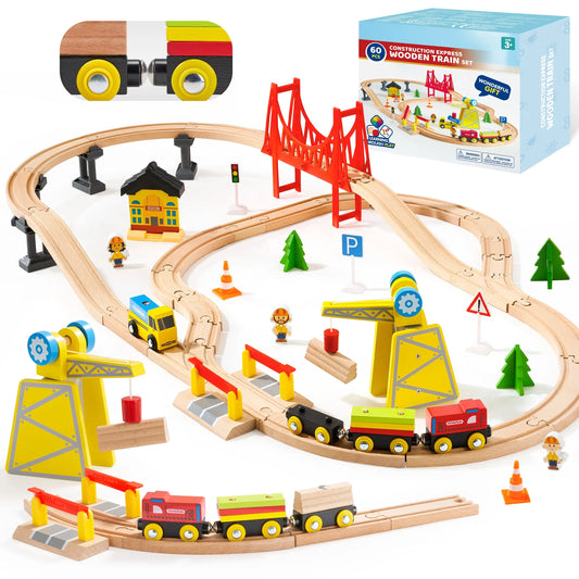 Joyfy 60 Pcs Kids Train Toys Wooden Tracks & 6 Magnetic Trains Expandable Train Set for Toddlers Birthday Christmas Gifts