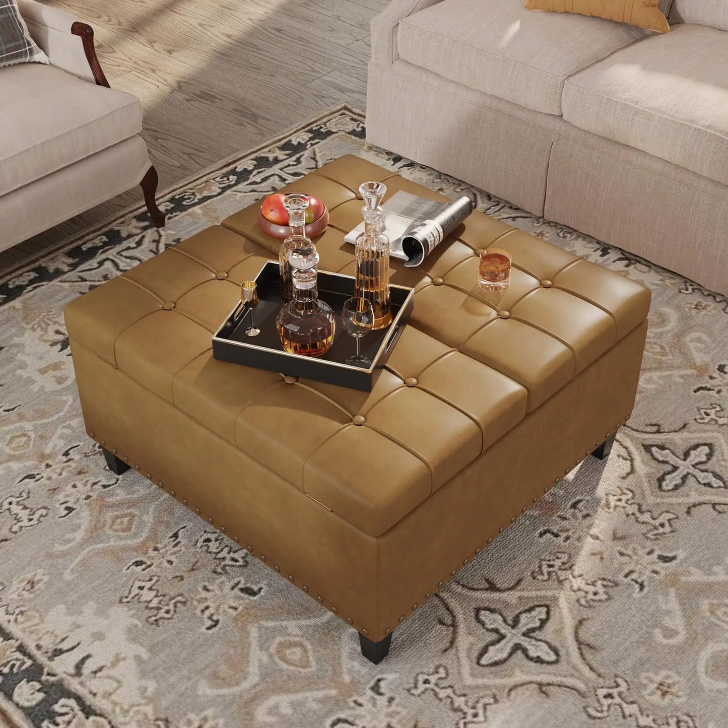 Vabches Square Ottoman Storage Bench Lift Top Faux Leather Footrest