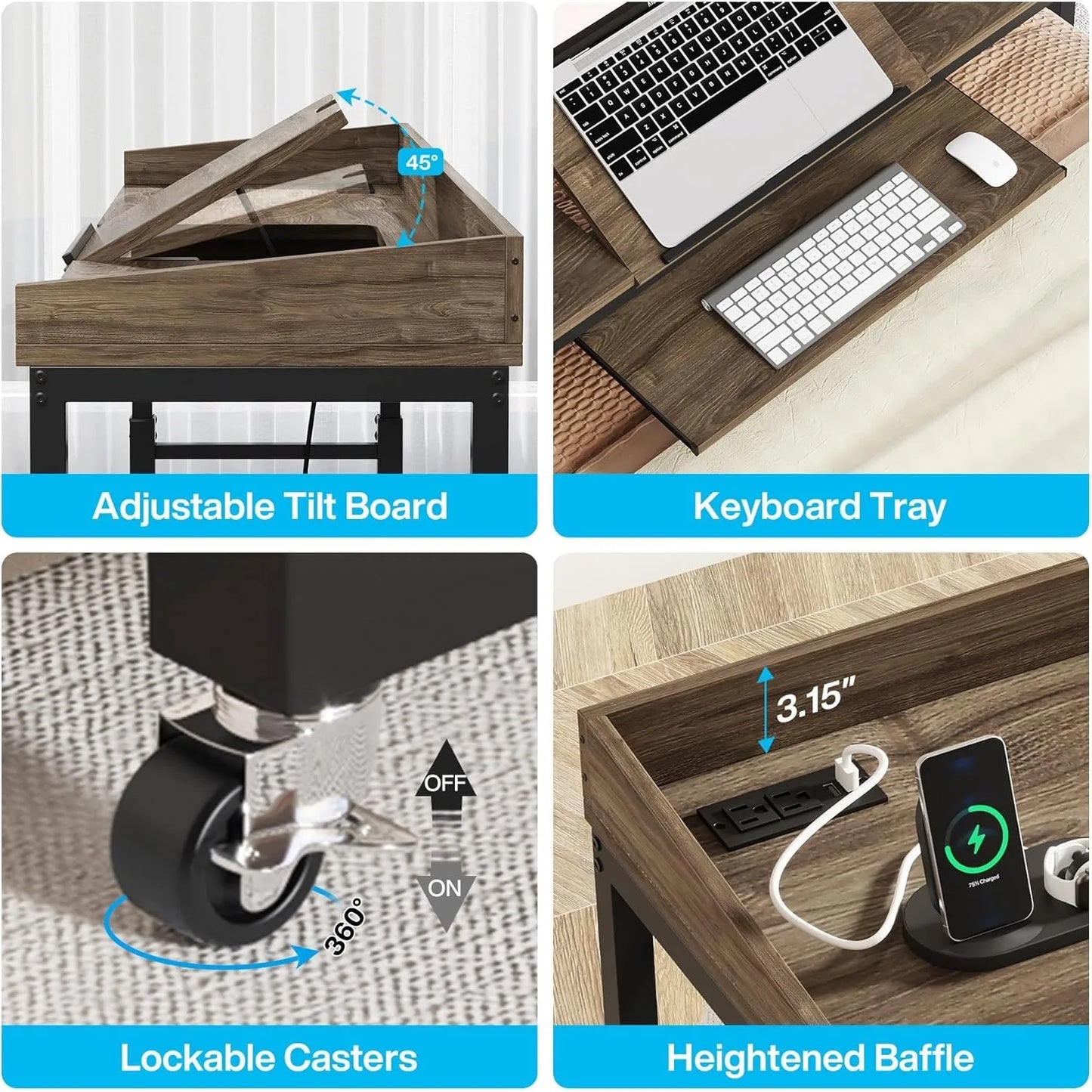 Height Adjustable Overbed Table With Wheels Queen Size Laptop Cart Desk