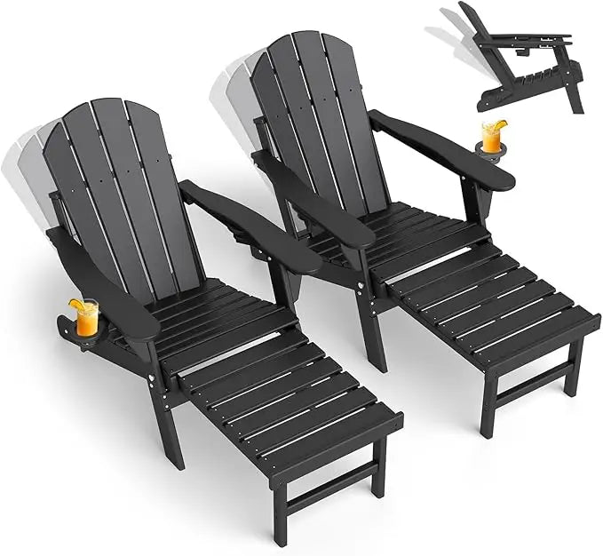 Set of 2 Adjustable Adirondack Chairs with Ottomans HDPE Plastic Folding