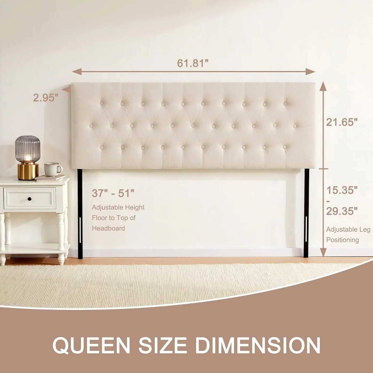 Beige Upholstered Queen Headboard Tufted With Wood Frame And Metal Legs 37 To 51