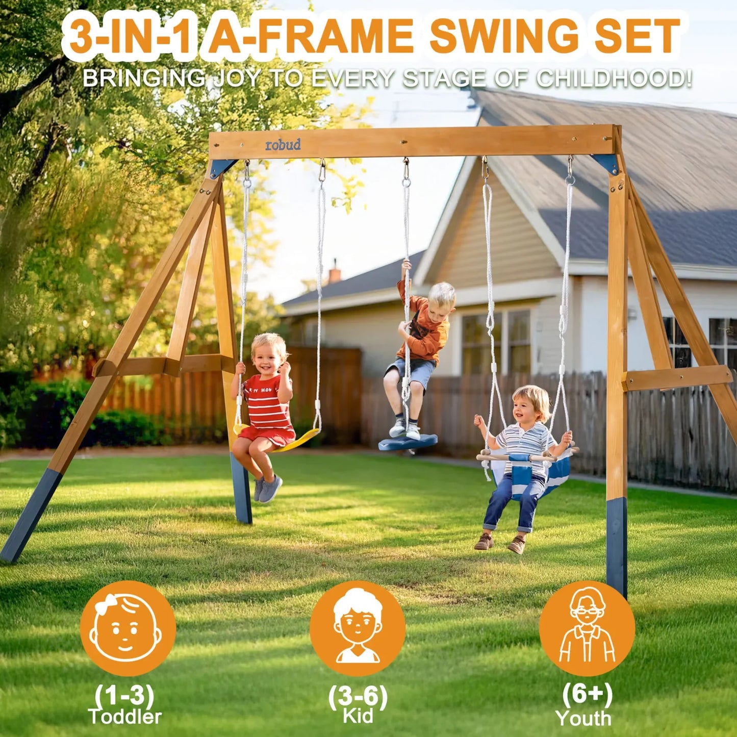 Robotime Robud 3 In 1 Wooden Playground Swing Set For Backyard With Tree Swing