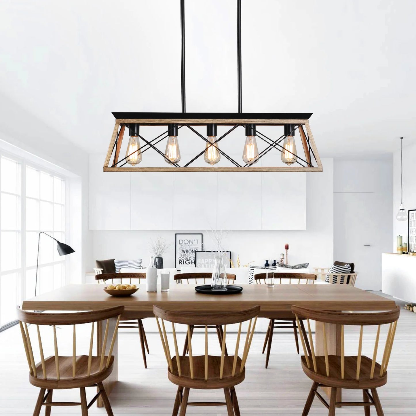 Farmhouse 5-Light Pendant Light Oak Rustic Chandelier for Dining Room