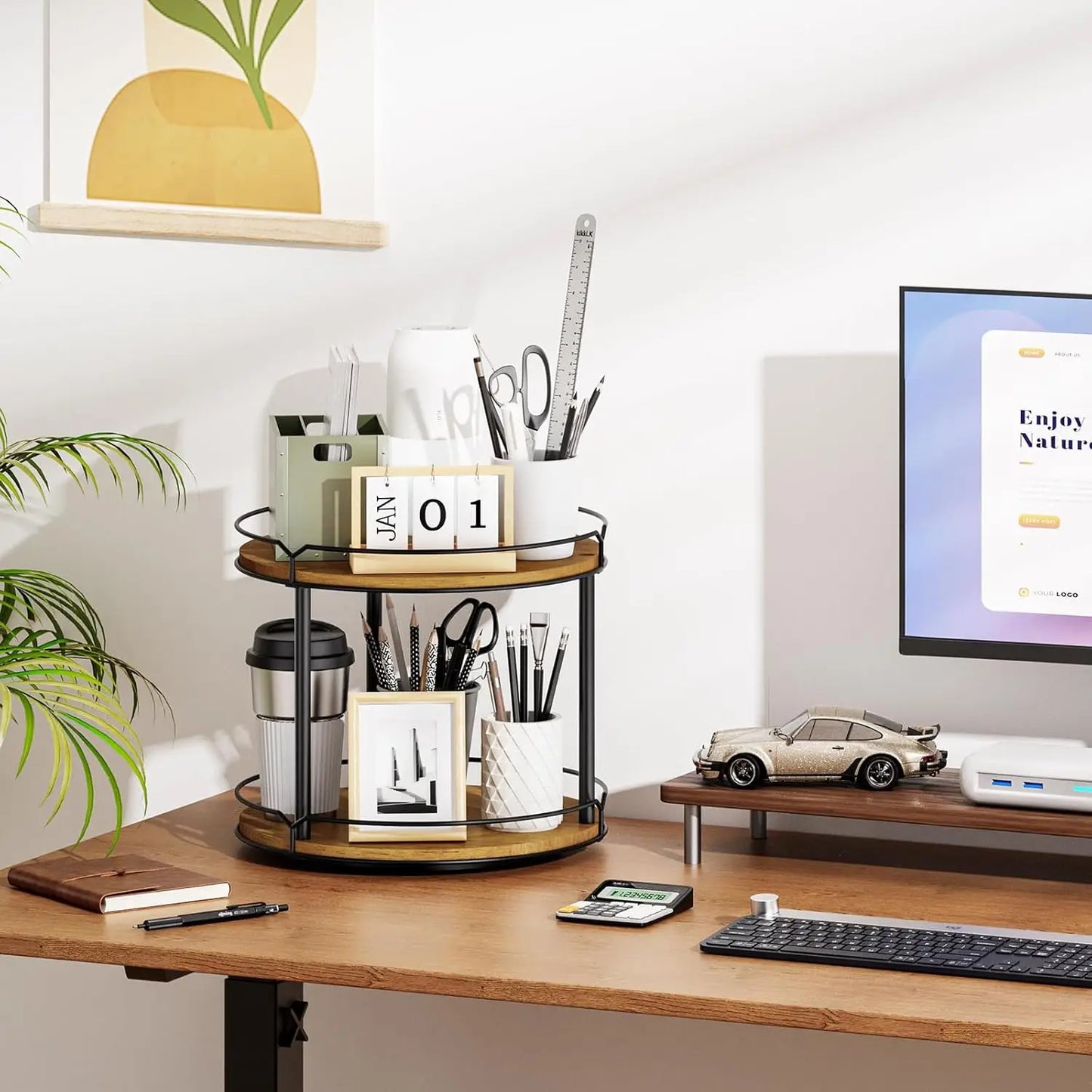 Triple Tier Wooden Rotating Spice Rack Organizer for Kitchen Pantry and Bathroom