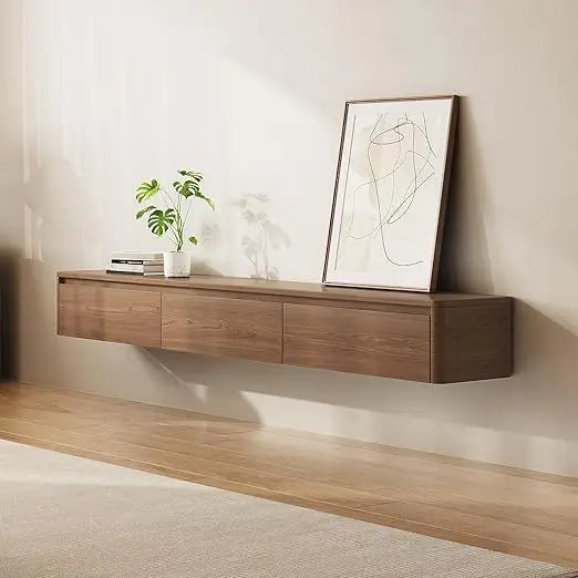 Walnut Modern Minimalist Wall Mounted TV Stand With 3 Drawers