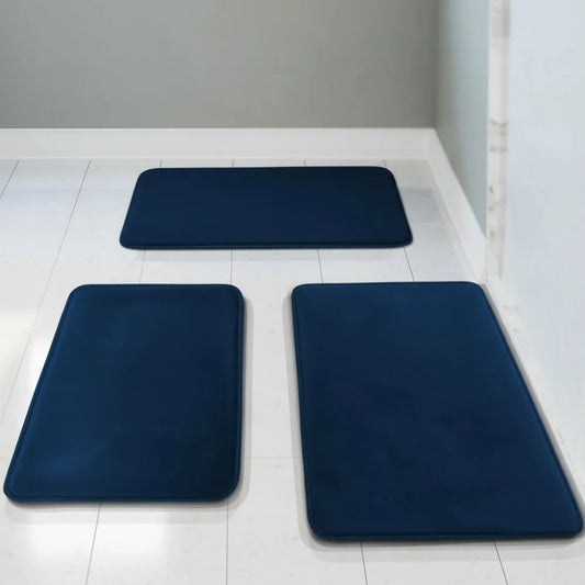 Three Piece Velvet Memory Foam Bath Mat Set Non Slip Quick Dry Washable