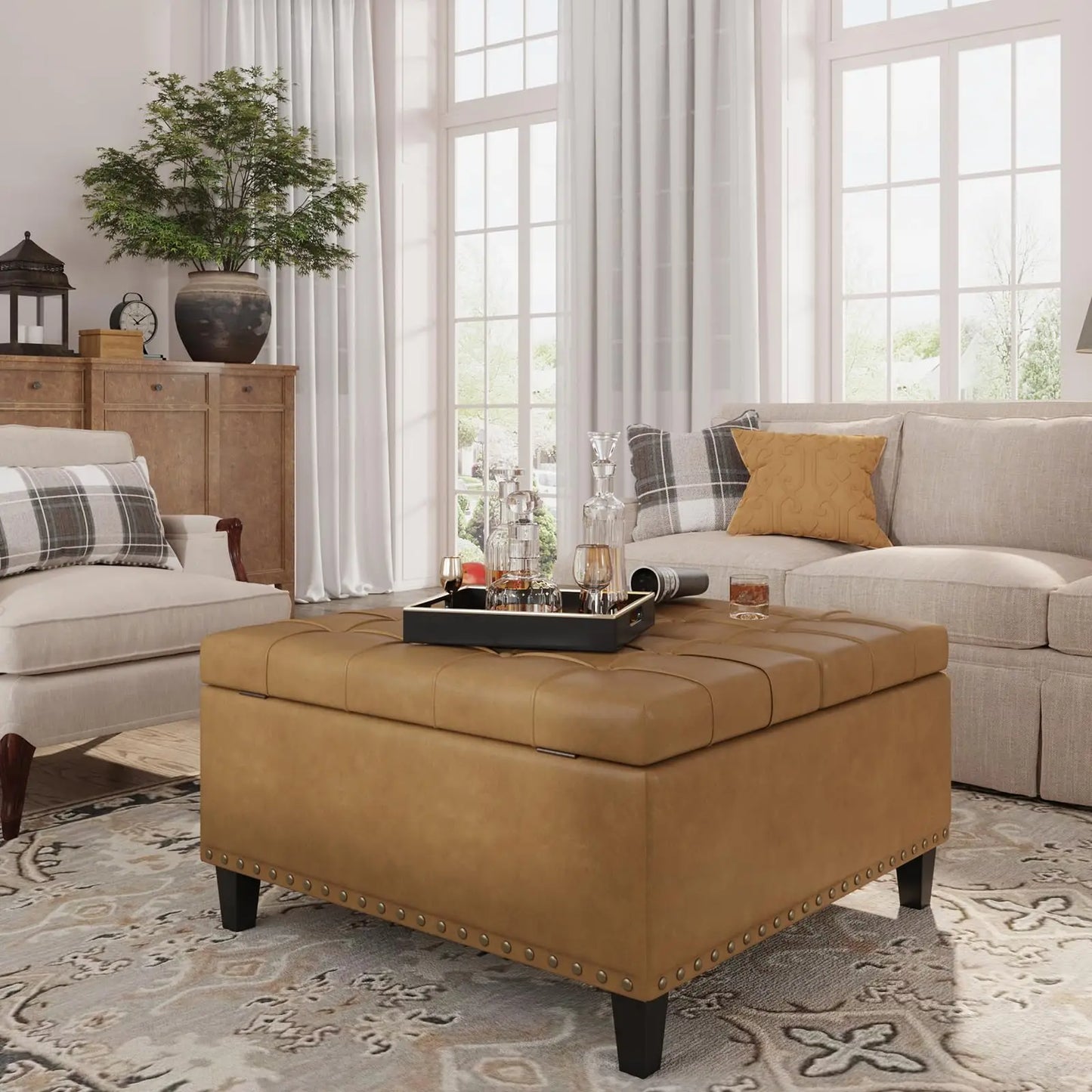 Vabches Square Ottoman Storage Bench Lift Top Faux Leather Footrest