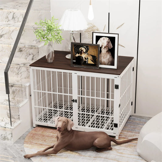 Large Wooden Elevated Dog Crate End Table Playpen With 3 Doors Removable Tray