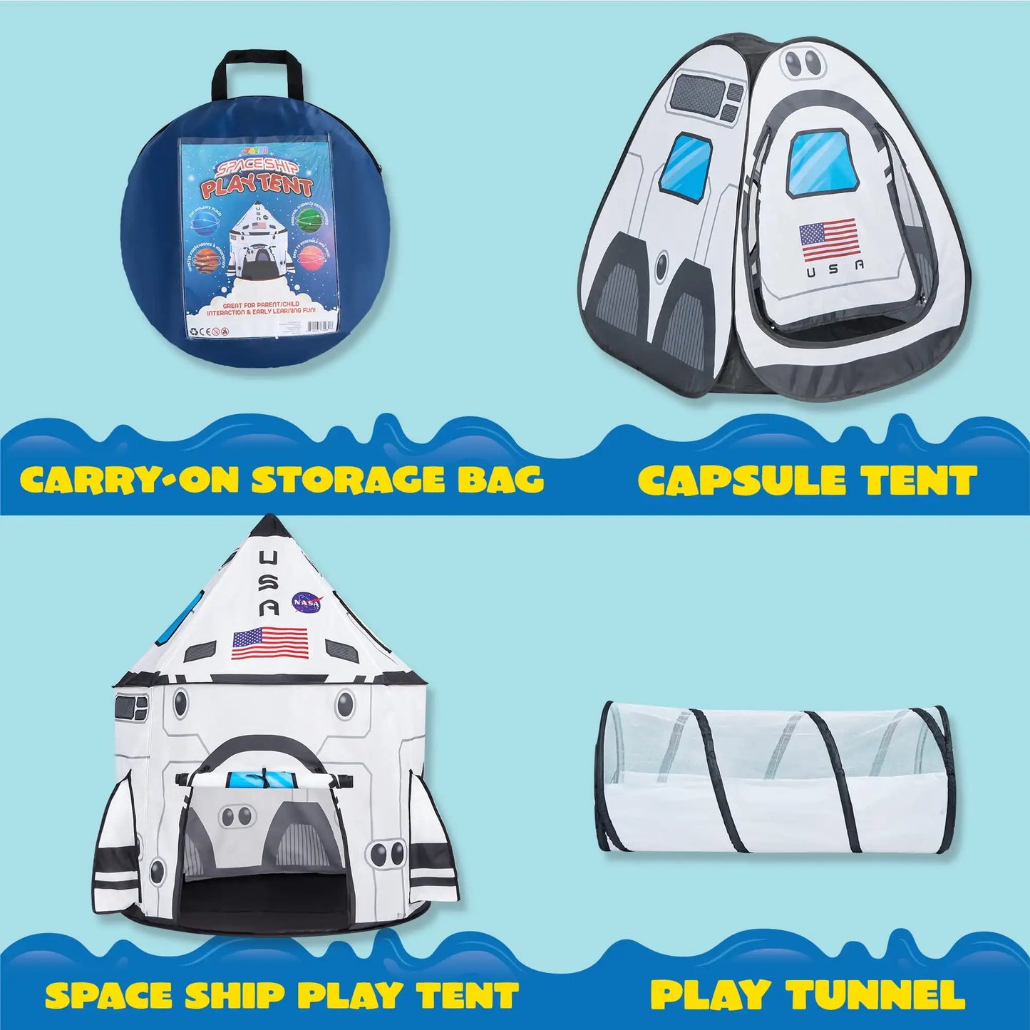 Joyfy Rocket Ship Play Tent Set With Tunnel 3 Piece Pop Up Kids Tent