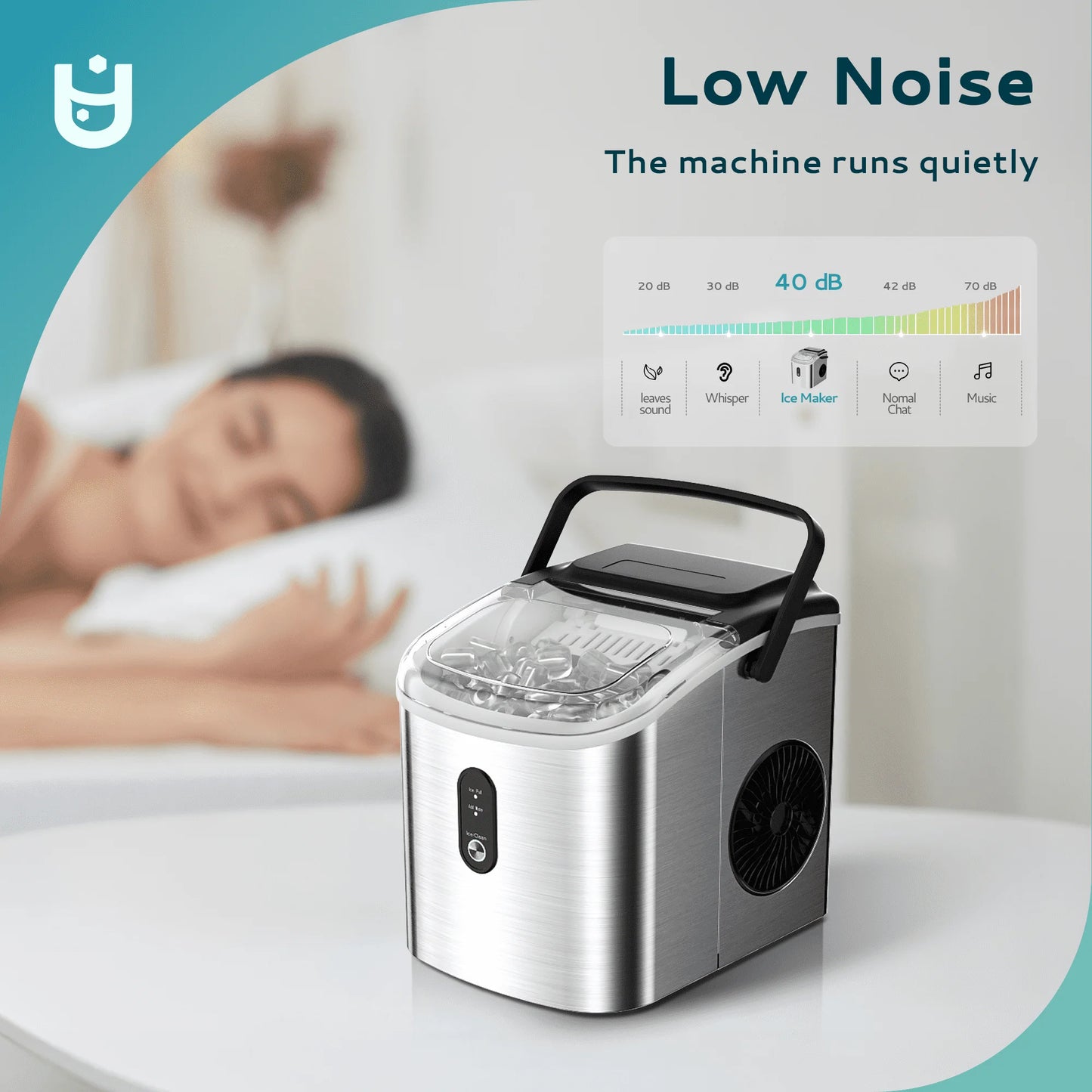 Countertop Ice Maker 26 lbs/Day Portable Self-Cleaning, 9 Bullet Ice in 6 Min, Silver, Auto-Cleaning, with Basket and Scoop