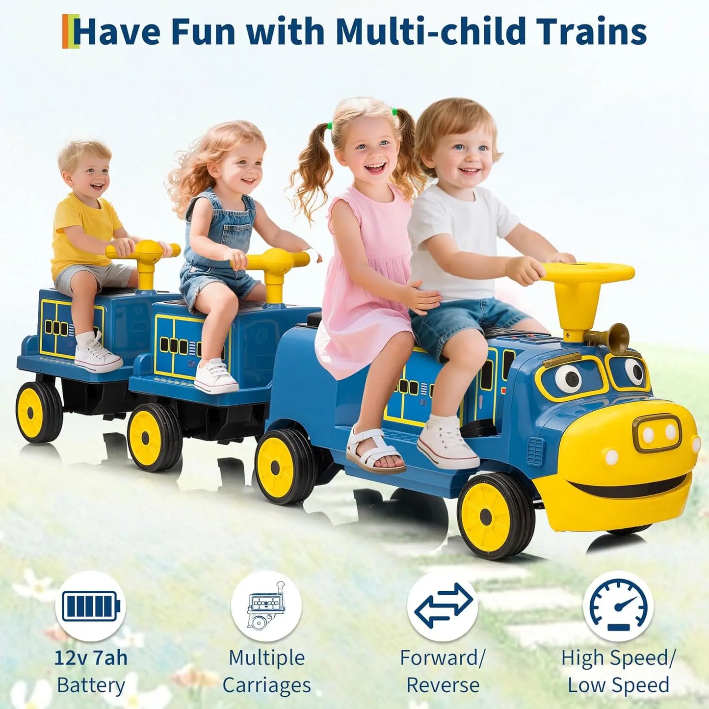 2 Seater 12V Trackless Ride On Train For Kids With Adjustable Seat And Storage