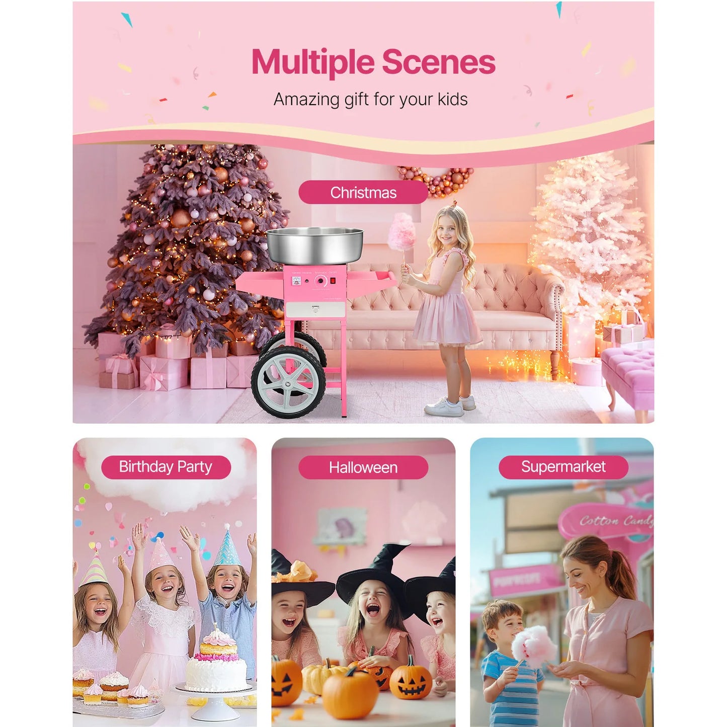 SucceBuy Electric Cotton Candy Machine With Cart 1000W 20.5 Inch Stainless Bowl