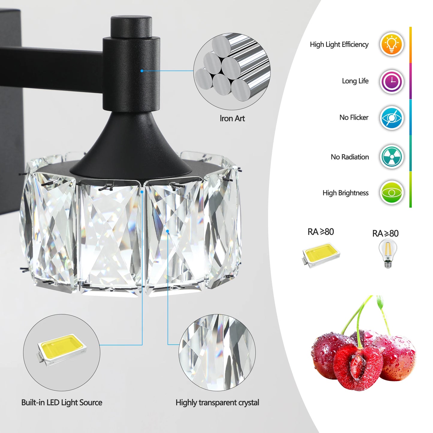 LED Vanity Light 4 Light Matte Black Fixture With Crystal Glass Shades