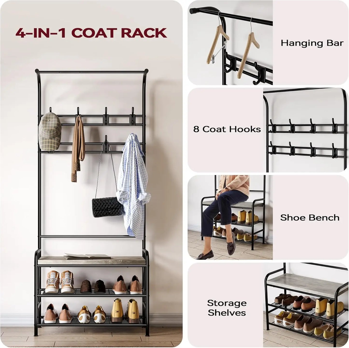 3-in-1 Hall Tree Shoe Rack for Entryway, Coat Tree with 3-Tier Storage Shelf and 8 Hooks, Multifunctional Hallway Organizer