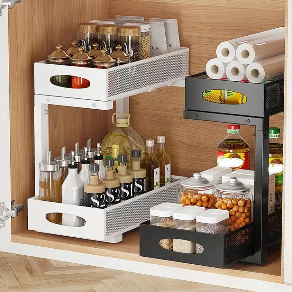 2 Tier Adjustable Under Sink Organizer With Sliding Pullout Drawer Kitchen