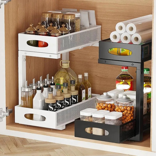 2 Tier Adjustable Under Sink Organizer With Sliding Pullout Drawer Kitchen