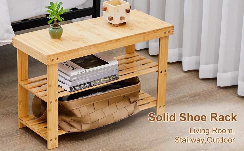 JHK 3 Tier Bamboo Shoe Rack Bench Living Room Storage Organizer Easy Assembly