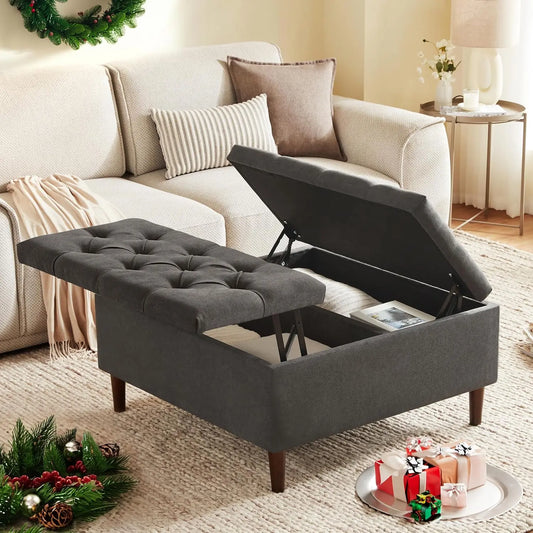 Lift Top Storage Ottoman Coffee Table In Dark Grey Fabric No Assembly Required
