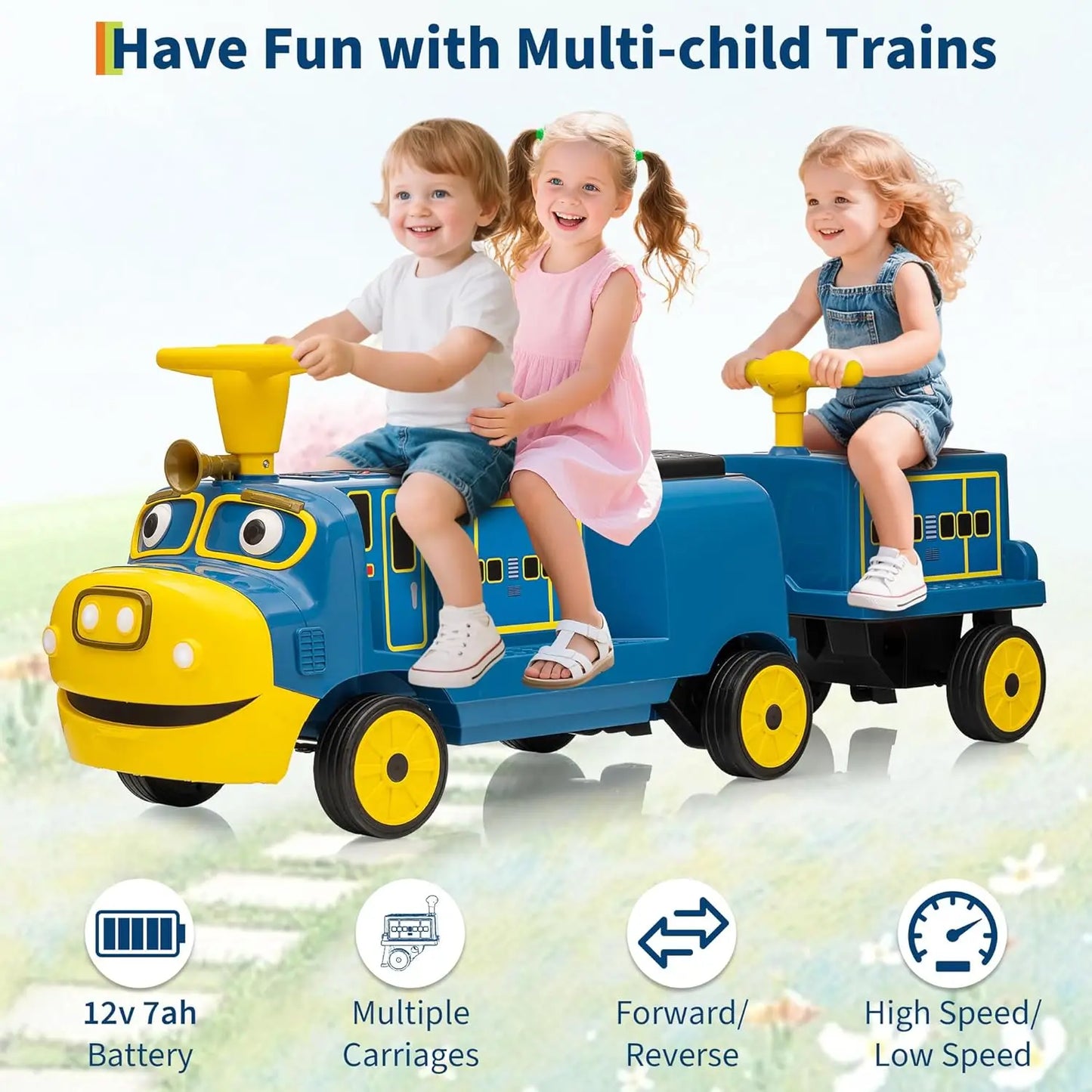 2 Seater 12V Trackless Ride On Train For Kids With Adjustable Seat And Storage