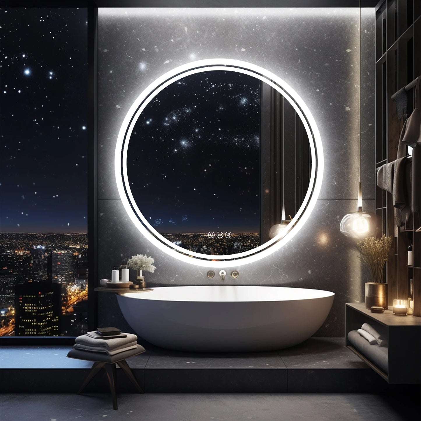 Round LED Bathroom Mirror With Backlit Anti Fog Dimmable 3 Color Temp IP65