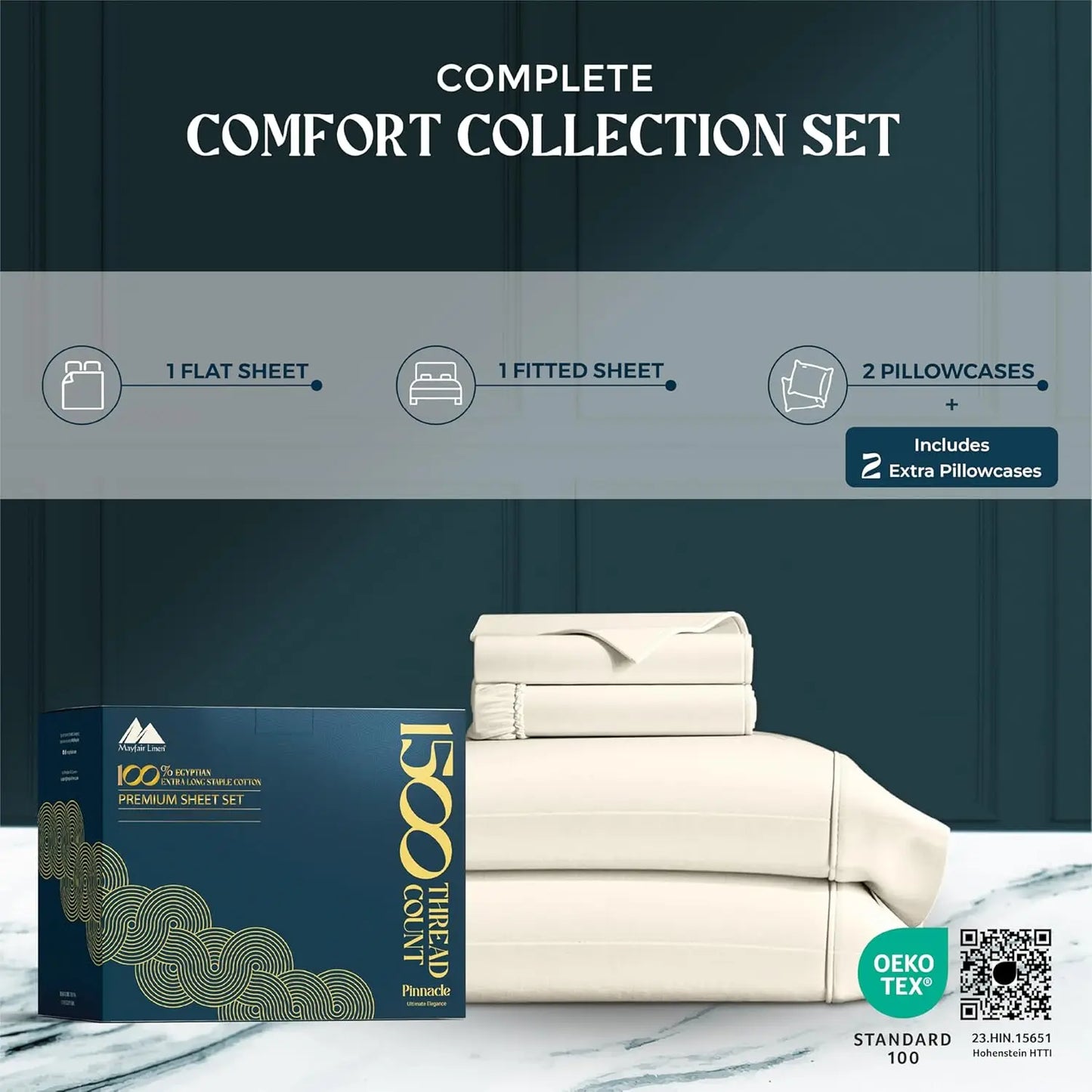 Egyptian Cotton King Size Sheet Set 4 Piece Deep Pocket Cooling Sateen Ivory