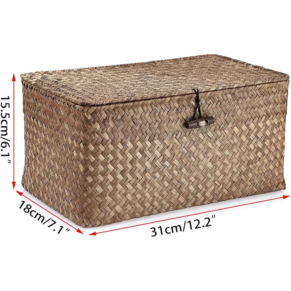 Handwoven Seagrass Storage Basket With Lid Rectangular For Home Office Gift Idea