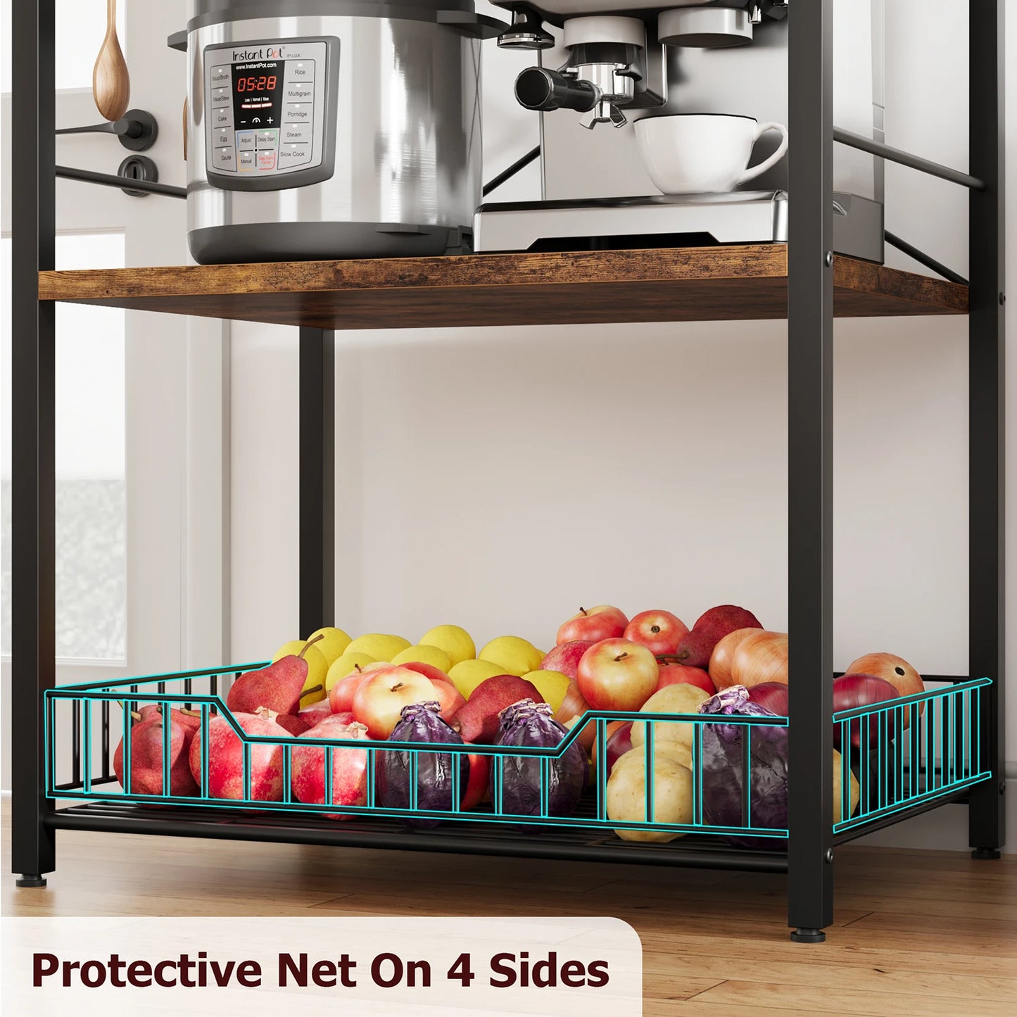 4-Tier Kitchen Bakers Rack With Microwave Oven Stand And Wire Basket 8 Hooks