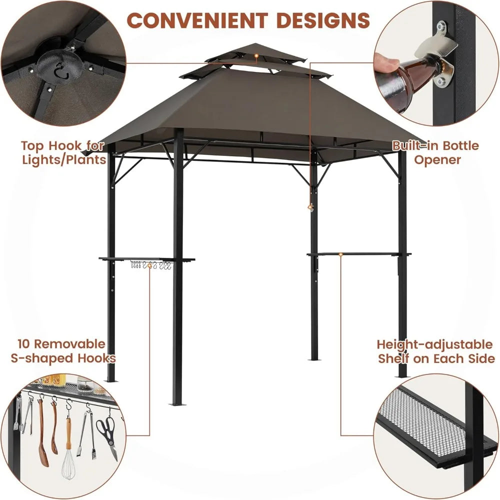8x5 Grill Gazebo With 3 Tier Shelves Outdoor And Built In Bottle Opener Brown