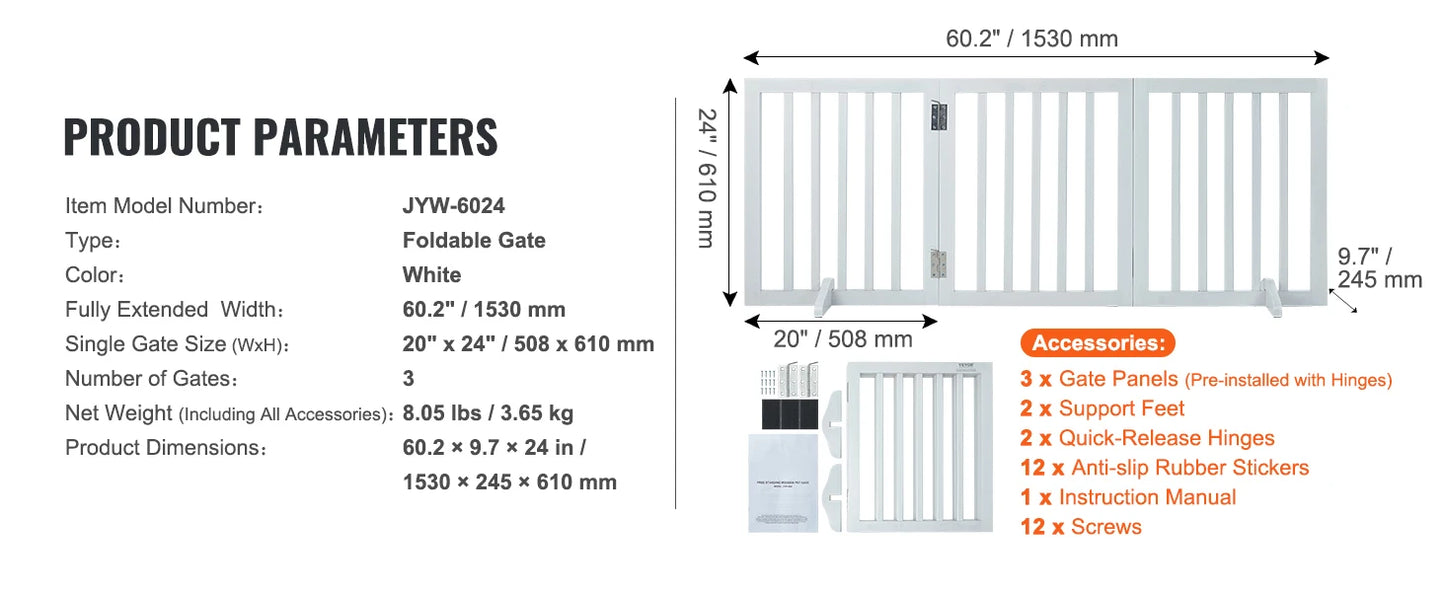 SucceBuy Free Standing Dog Gate 3 Panel Foldable Barrier For Narrow Passages
