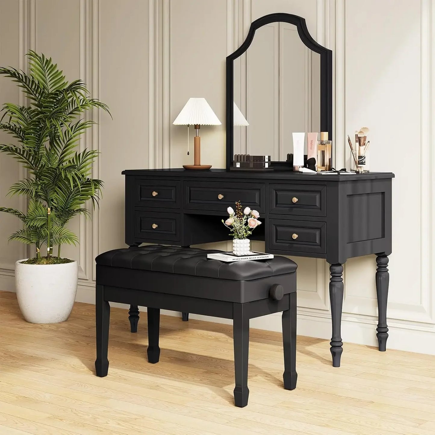 Double Piano Bench Leather With Storage Adjustable Cushion Black