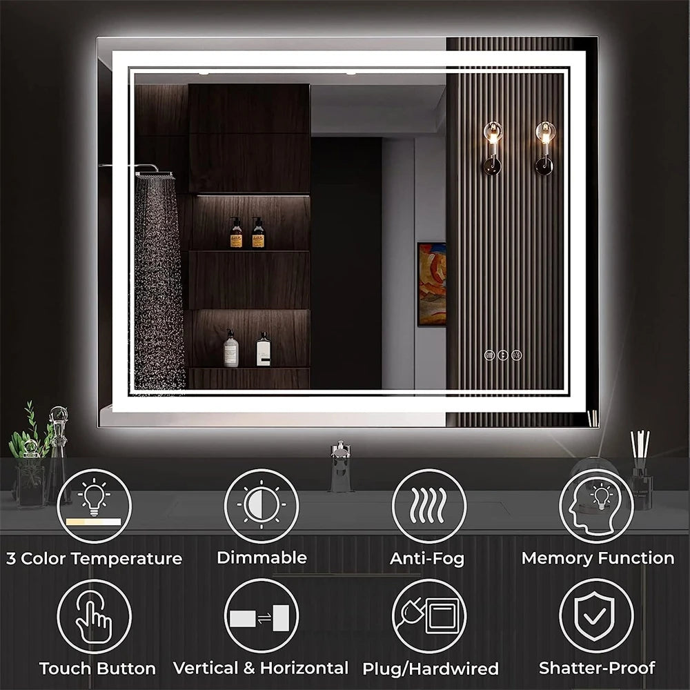 Wisfor LED Backlit Frameless Bathroom Vanity Mirror Anti Fog Dimmable Lighting